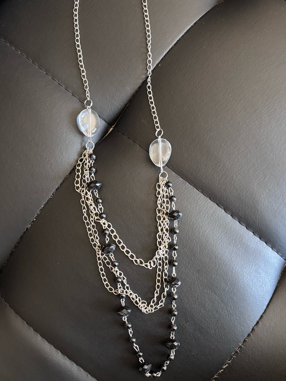 Silver Multi-Strand Necklace with Black Beads